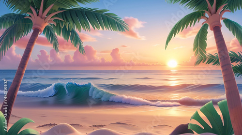 beach and sunset background in fairy tale style