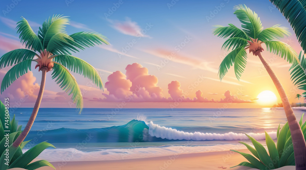 beach and sunset background in fairy tale style