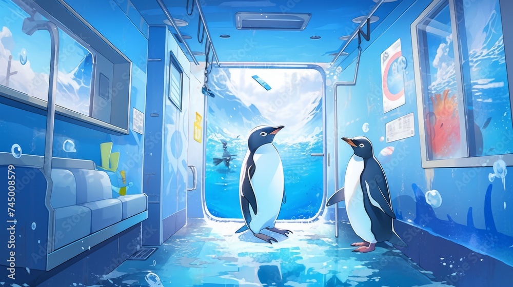A vibrant spray painted mural of a penguin on a yachts wall showcasing graffiti art meets luxury at sea - obrazy, fototapety, plakaty 