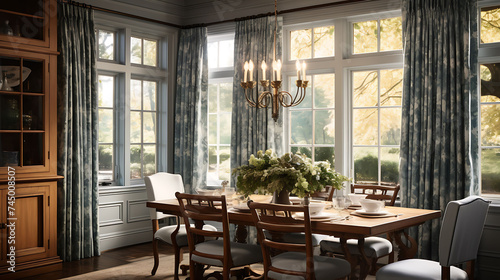 An image of a traditional dining room with casement windows and drapes. photo