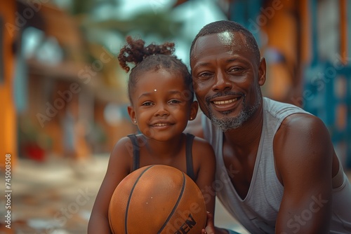 A man and a toddler girl are happily posing for a picture with a basketball at an event. They are both smiling and having fun while wearing sleeveless shirts and a vest