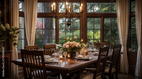 An image of a traditional dining room with casement windows and drapes. photo