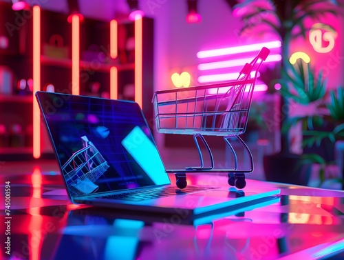 Online shopping concept with cart full of boxes on top of laptop computer photo