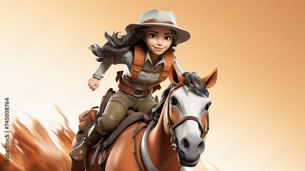 3d cartoon cowgirl riding a horse isolated in white background 3d cartoon cowgirl riding a horse isolated in white background