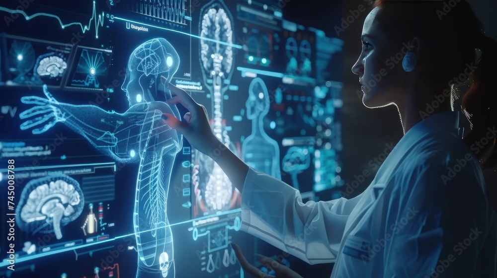 Physician utilizing advanced digital medical interface in futuristic 3D render. Physician utilizing advanced digital medical interface in futuristic 3D render.