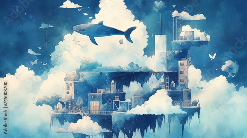 Ethereal sky dotted with lush floating islands majestic whales soaring between a world beyond dreams
