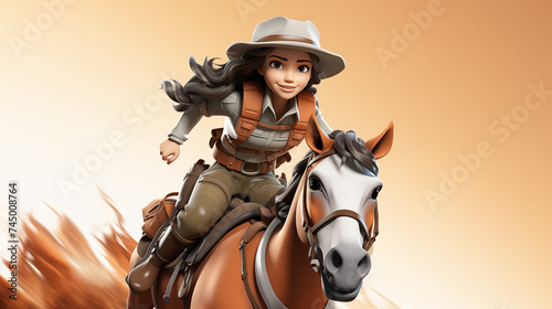3d cartoon cowgirl riding a horse  isolated in white background © Surasri