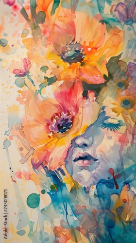 A painting of a woman with flowers on her head