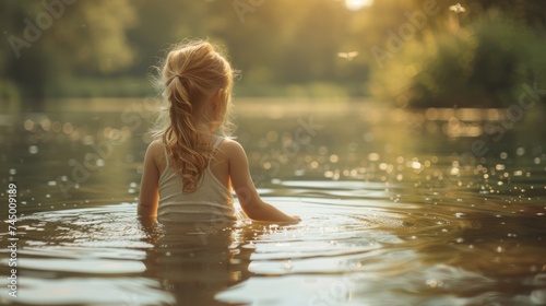 A little girl is sitting in the water
