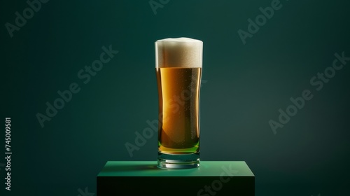 A glass of beer on a podium on a green background. Yellow liquid with bubbles and foam in a glass.