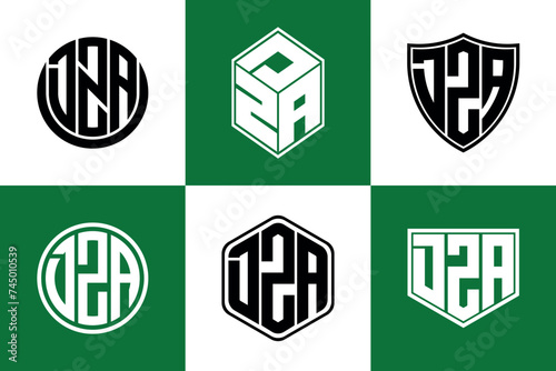DZA initial letter geometric shape icon logo design vector. monogram, letter mark, circle, polygon, shield, symbol, emblem, elegant, abstract, wordmark, sign, art, typography, icon, geometric, shape