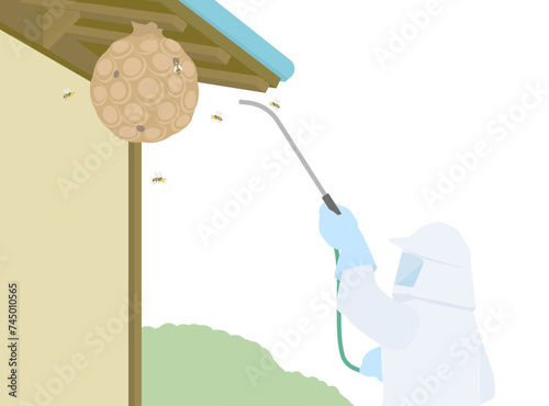 軒下のスズメバチの巣を駆除する害虫駆除サービスのイラスト