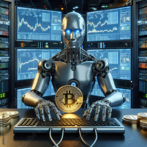 A robot behind a computer mines bitcoins and makes electronic payments.