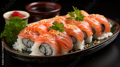 photograph salmon sushi on a wooden plate