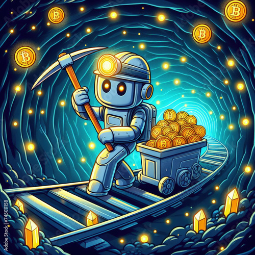 The robot mines bitcoins and cryptocurrency and makes electronic transfers and payments.