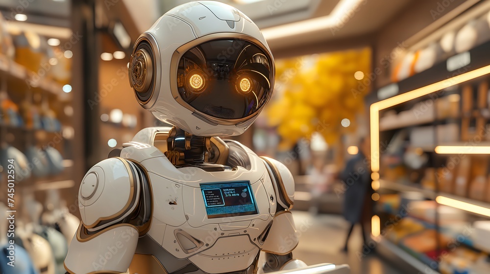 Fototapeta premium a futuristic store/shopping mall. A robot salesperson with a humanoid appearance is politely communicating with a customer