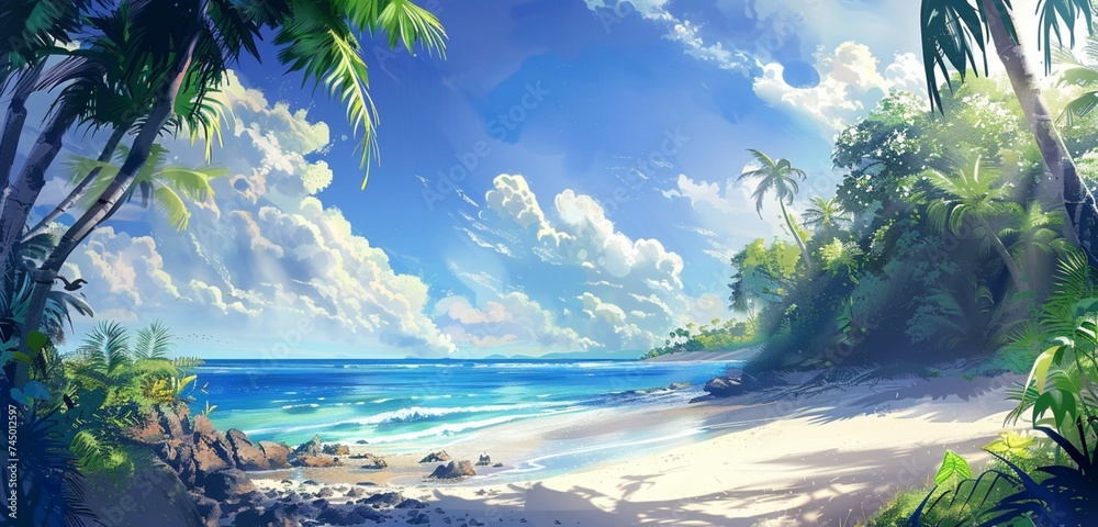 tropical island with palm trees - obrazy, fototapety, plakaty 