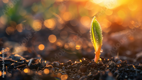 A tender green sprout breaking through the soil's surface under the light of dawn. The purity of nature. The background is an organic garden indicating a healthy, sustainable environment for growth.