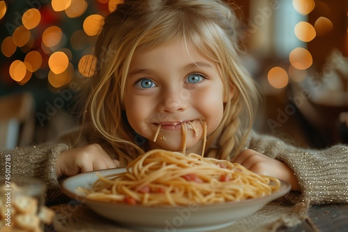 Little Blonde Girl with Blue Eyes Enjoying a Generous Plate of Pasta in a Sparkling Wool Sweater