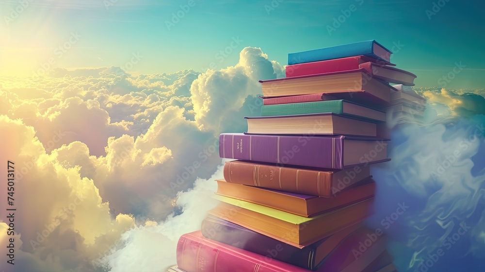 World Book day with stack book In sky background. Bright colorful.  The concept for World Book Day background with copy space area for text. Happy Book Day. - obrazy, fototapety, plakaty 