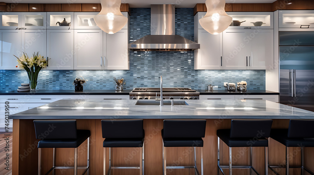A contemporary kitchen with a glass tile backsplash and pendant lights.