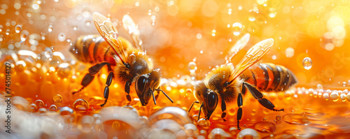 Stunning photography banner featuring bees and honey, designed with ample copy space for your messages or designs, perfect for nature themes.