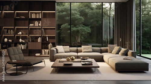 A contemporary living room with a wall of folding glass doors and minimalist decor.