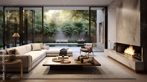A contemporary living room with a wall of folding glass doors and minimalist decor.