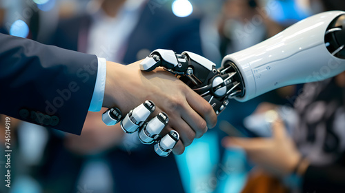 People Shake Hands with robots. The concept of humans working together with robots.