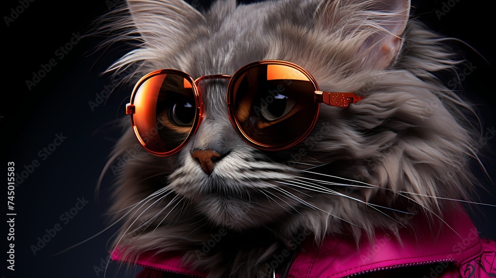 A stylish cat dons a fashionable dress and trendy sunglasses, exuding confidence against a vivid purple backdrop. Its modern fashion choices and cute charm make it a true trendsetter