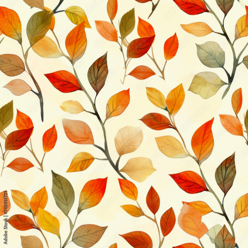 Beautiful seamless pattern featuring intricate leaf motifs in a stunning watercolor style, perfect for backgrounds and textiles.
