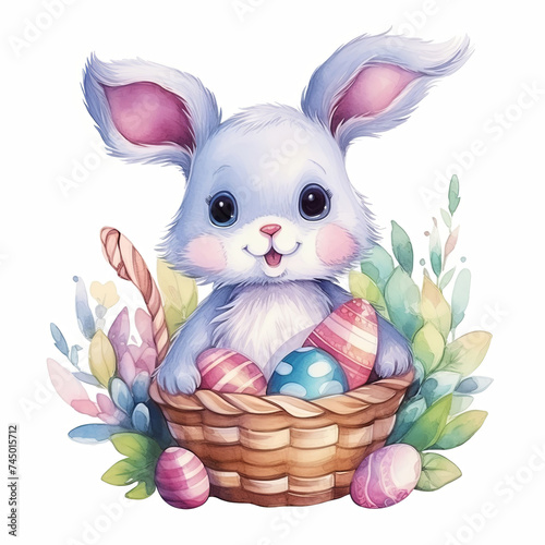 Watercolor illustrations of a cute Easter bunny in cartoon style with a basket of colorful eggs on a white background