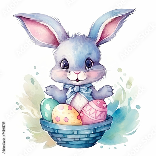 Watercolor illustrations of a cute Easter bunny in cartoon style with a basket of colorful eggs on a white background