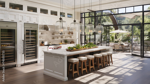 A kitchen with a glass-front refrigerator and glass pendant lighting.