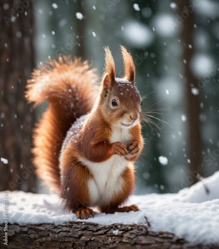 Red squirrel sitting on snow next to tree © orelphoto