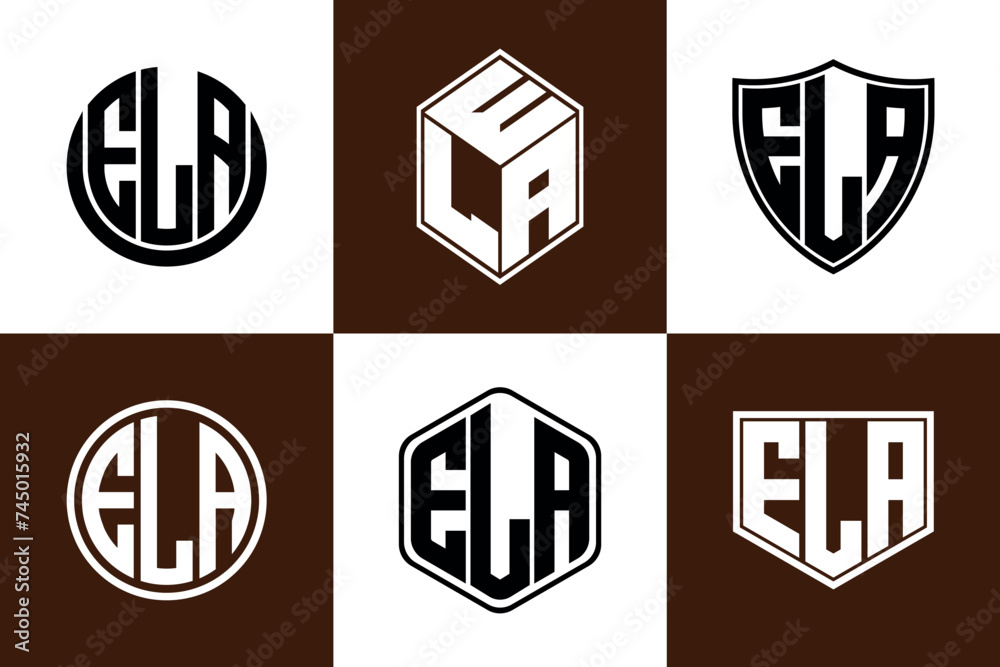 ELA initial letter geometric shape icon logo design vector. monogram, letter mark, circle, polygon, shield, symbol, emblem, elegant, abstract, wordmark, sign, art, typography, icon, geometric, shape