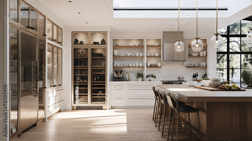 A kitchen with a glass-front refrigerator and glass pendant lighting. photo