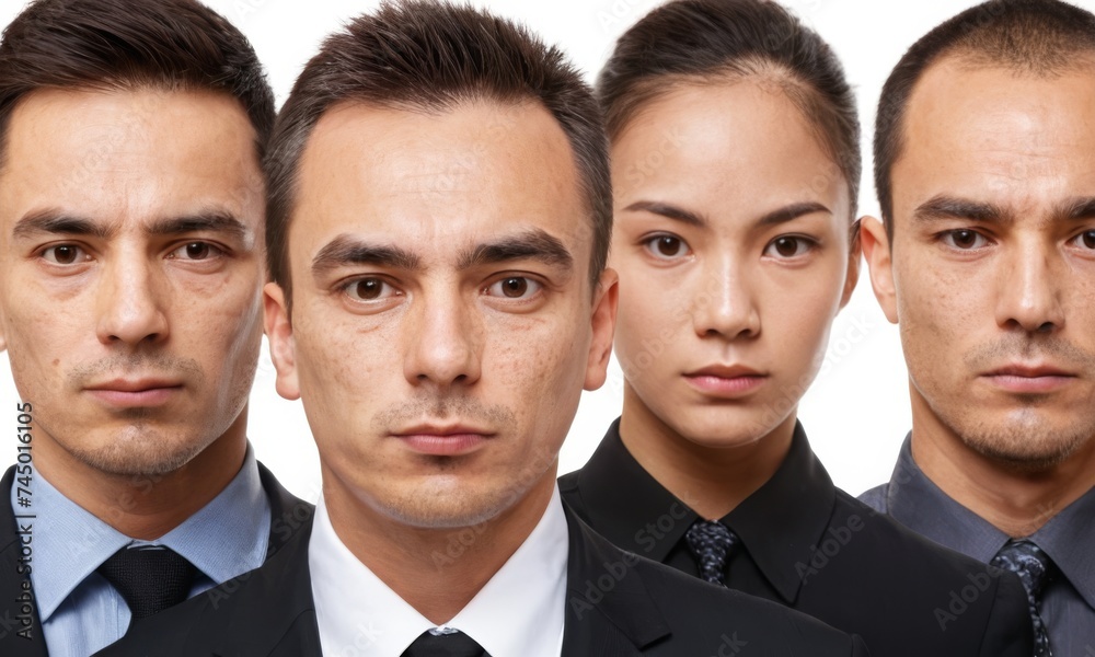 Portrait of very serious business man in black suit. Group of variety of other serious people as background Portrait of very serious business man in black suit. Group of variety of other serious people as background