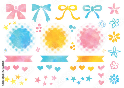 手描きのかわいい水彩風のリボンやハートなどのセット
