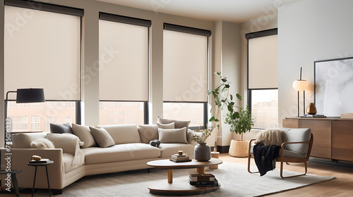 A modern bedroom with a corner window and blackout roller shades.