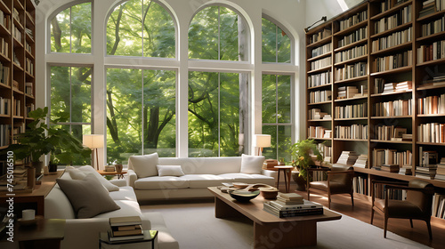 A modern library with tall bookshelves and bay windows. photo