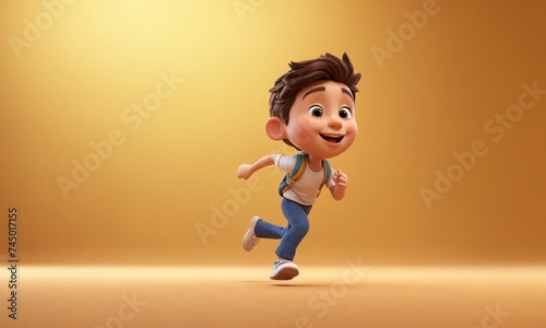 3D Cartoon kid character of a happy student running with copy space