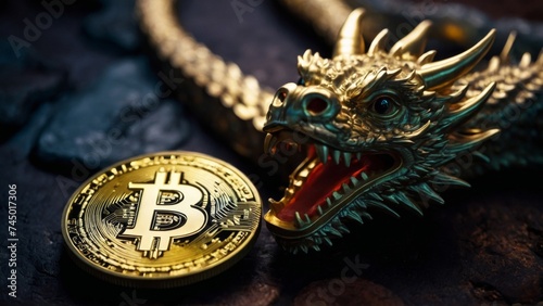 Chinese Dragon Guarding Bitcoin Coin - Symbolic Fusion of Cryptocurrency Investment and Year of the Dragon Theme
