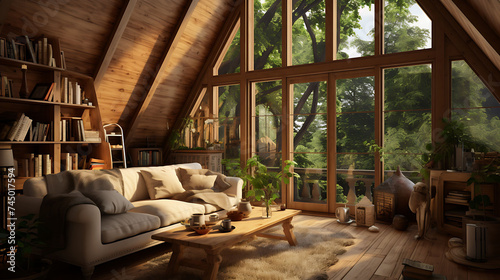 A visualization of a cozy home interior with wooden framed windows and doors.