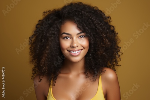Beautiful afro woman smiling happily in a gorgeous portrait photo for stock sale