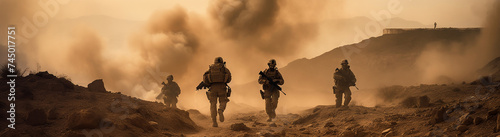 Military Special Forces soldiers cross a devastated war zone through fire and smoke in the desert, a broad poster design.