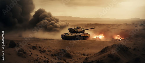armored tank crossing a minefield during a military invasion epic scene of fire and some in the desert, wide poster design.