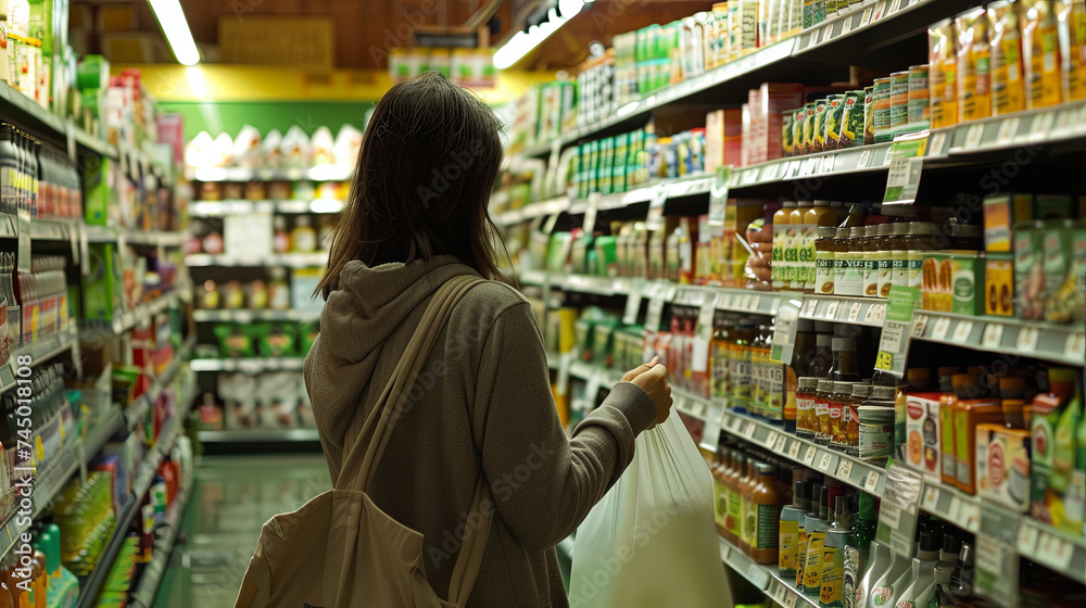 An enlightened consumer in a grocery store, carefully selecting products adorned with green credentials. The shelves are labeled with eco-friendly and organic seals. The shopper uses a reusable bag.