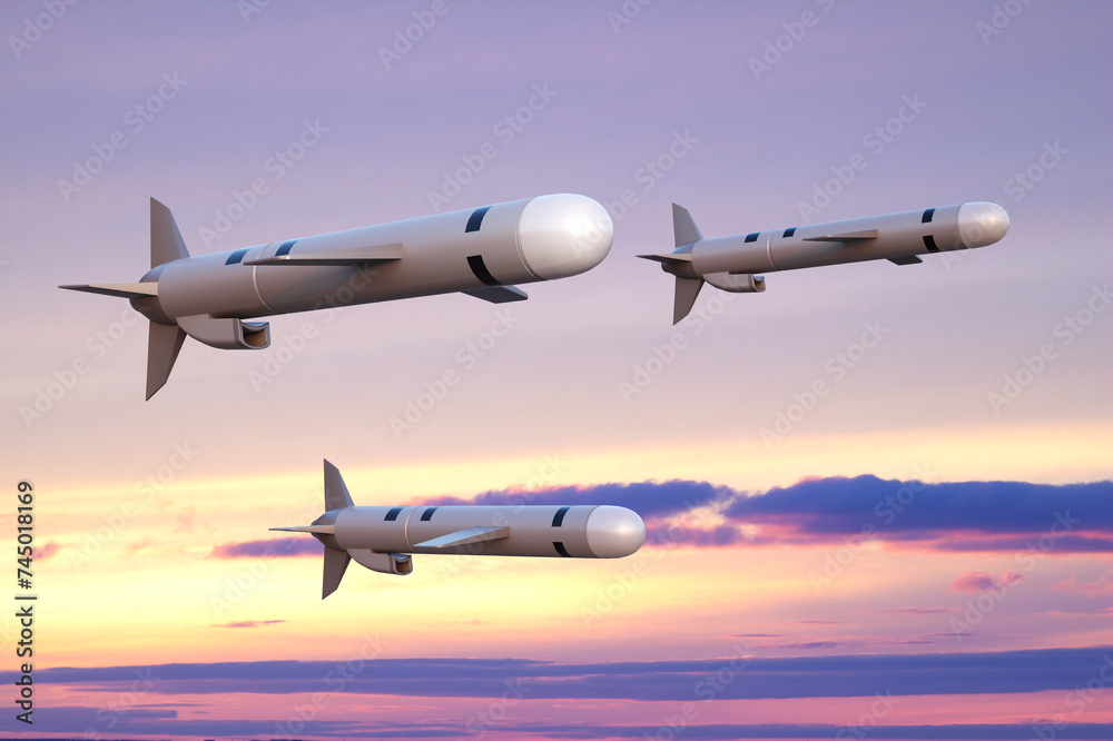 Naklejka premium Tomahawk cruise missiles against the sunset sky. 3d-rendering