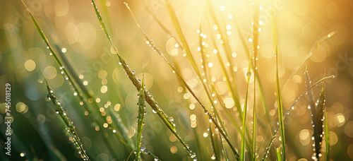 Morning dew on fresh green grass with sunlight bokeh. Nature and freshness.